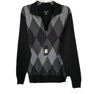 Sahara Club Mens Black Argyle Quarter Zip Sweater‎ Long Sleeve Size M NWT